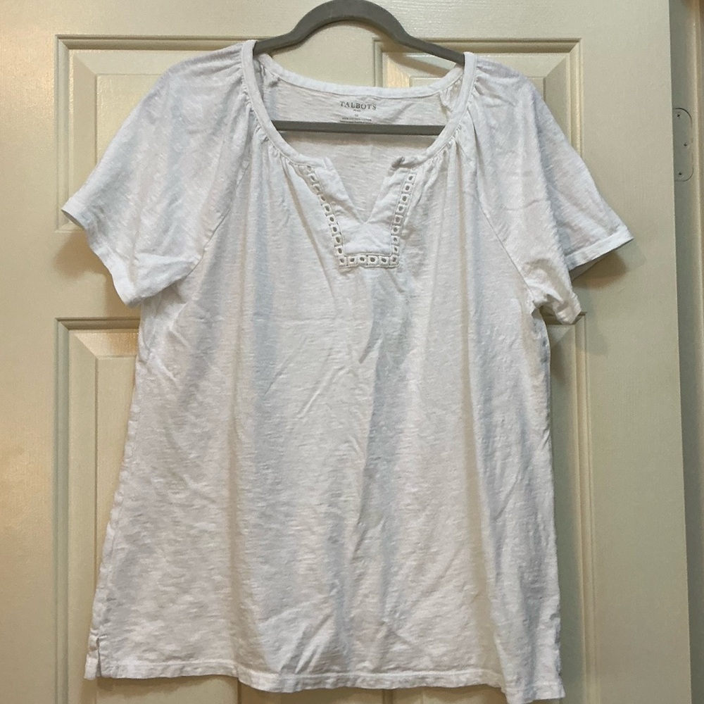 Talbots White Short Sleeve Eyelet Notch Neck Top